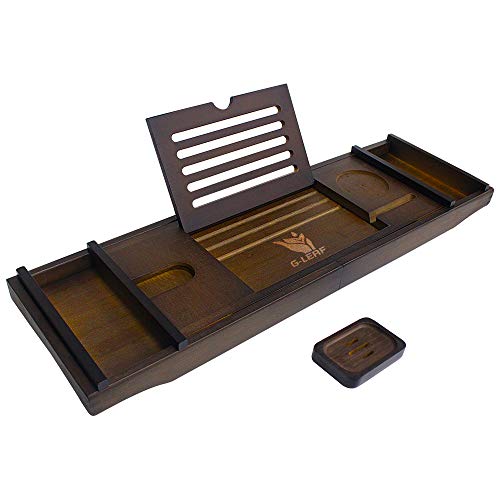 G-LEAF Brown Bamboo Bathtub Tray Caddy with Wine Glass and Soap Holder/Adjustable Reading Rack