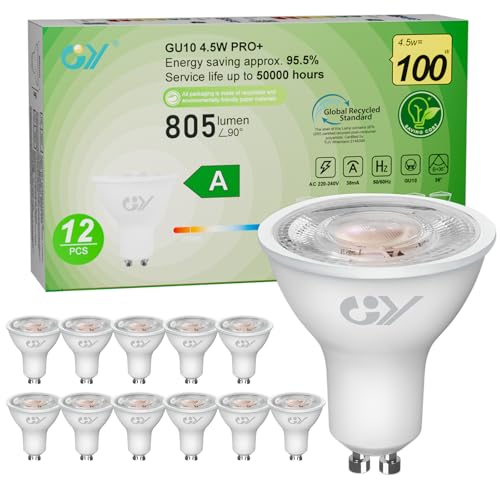 GY Ampoules GU10 LED Spot Classe A, 805LM Blanc Chaud 2700K，4,5W Équivalent 100W GU10 36° (Faisceau Étroit), Efficacité Energétique, Non-Dimmable, Lot de 12