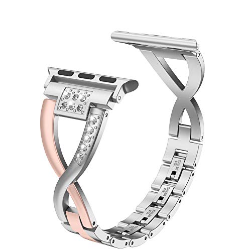 Image of Wearlizer Bling Gold Silver Compatible with Apple Watch Bands 38 /40 /41 /42mm 2-Tone Womens X-Link Rhinestone Wristband Dressy Metal Bracelet for iWatch Series 11 10 9 8 7 6 5 4 3 SE /Ultra 3 2 1