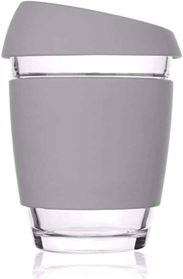 Wave Reusable Glass Coffee Tea Cup - Silicone Lid Travel Mug Takeaway - Barista Size 12oz/350ml - Unisex Eco-Friendly (Grey)