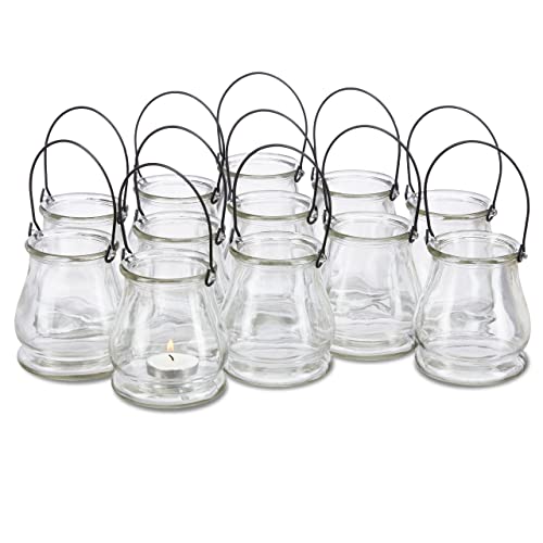 Photophore en Verre, Lot de 24, Petit Vase Rond avec Anse, déco de Table intérieure et extérieure, Transparent