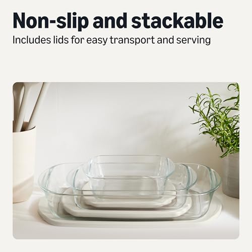 Image of Amazon Basics Glass Baking Dishes with BPA-Free Lids, 6-Piece Bakeware Set, Borosilicate Glass, Oven-Safe up to 752F, Non-Slip and Stackable, Dishwasher-Safe, Linen Gray