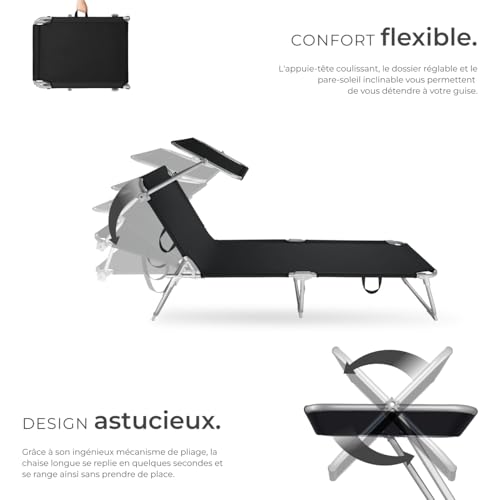 2 Chaises longues pliantes noires 4 positions TecTake