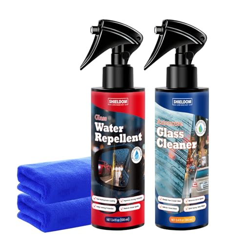 SHIELDOM Car Glass Cleaner & Water Repellenet, Windshield Rain Repellent Streak-Free Water Spot Remover Hydrophobic Coating Protecting Against Stains Safe on Glass, Tinted Windows & Mirrors- Pack of 2