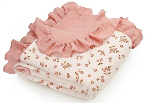 Image of Muslin Ruffled Baby Blanket, Extra Large 52 x 52 Inches, Soft Breathable Cotton Crib Blanket for Newborn Infant Toddler (Floral & Pink-Ruffled, Printed)