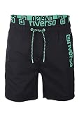 riverso Herren Badehose Badeshort RIVBobby Kurze Hose Sommer Sport Strand Shorts Tunnelzug Print 100% Polyester Schwarz M, Größe:M, Farbe:Black-Flashy Green