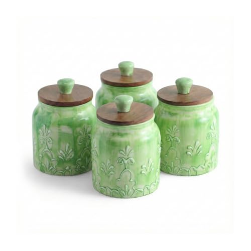 Image of ExclusiveLane 'Green Keepers' Airtight Ceramic Jars for Kitchen Storage (Set of 4, Each Jar Capacity : 390 ml, 13.5 Cm) | Ceramic Jar with Wooden Lid Salt Jars Multi-Utility Snacks Jars & Containers