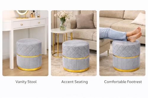 Image of Premium Velvet Ottoman Stool with Gold Base | Round Puffy Footrest with Diamond Quilting | Soft Seating for Living Room, Bedroom & Dressing Area (Set of 2 Silver Grey)