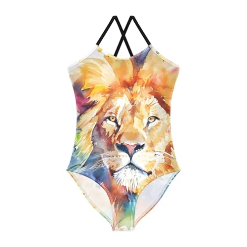 Watercolor Lion Girls Swimsuit One Piece Bathing Suit Beach Swimwear with Adjustable Straps