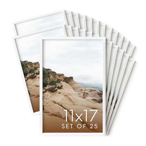 HAUS AND HUES 11x17 White Metal Picture Frames - Features Premium Aluminum, Vertical & Horizontal Hang, Shatterproof Plexiglass - Perfect for Home, Room, Office (11x17 in, White, Set of 25)