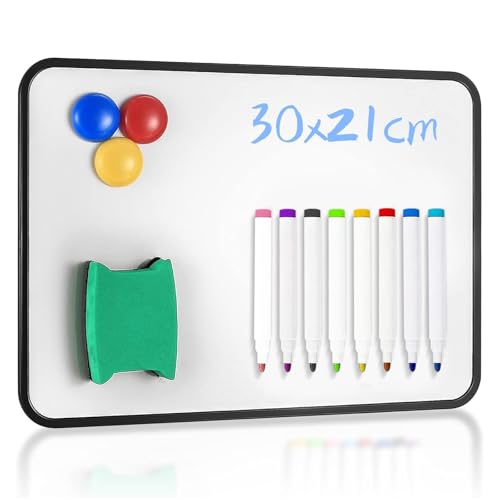 Pizarras Blancas de Borrado en Seco, Tamaño A4 Pizarras Blancas Pequeñas de Doble Cara, con Rotuladores de Borrado en Seco, Borrador, Imanes para Escuela Hogar Oficina Dibujo Escritura, 30x21 cm