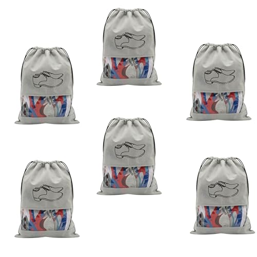 Image of Hian Grey Non-Woven Shoe Bags - Travel Shoe Organizer with Transparent Window & Drawstring Closure, Dustproof, Breathable & Reusable Storage for Men & Women, Home & Luggage, Pack of 6
