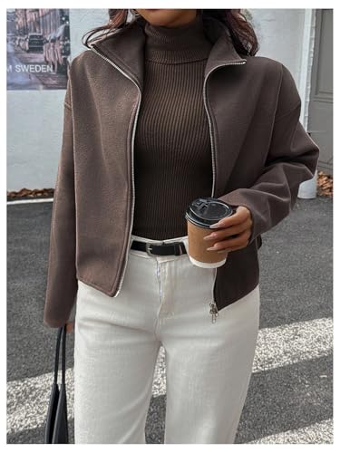 SOLY HUX Women's Tweed Jacket Zip Up Mock Neck Long Sleeve Casual Jackets Outerwear3
