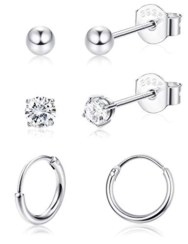Sllaiss 3 Pairs 925 Sterling Silver Stud Earrings Set for Women Silver Ball Round CZ Small Hoop Minimal Cartilage Earrings Set Hypoallergenic (A?Silver Tone)
