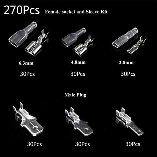 270 Pcs Male Female Wire Spade Connectors Electrical Wire Connector Wire Crimp Terminal Block Quick Splice Wiring Connector with Insulating Sleeve for Electrical Wire Crimping 2.8mm 4.8mm 6.3mm