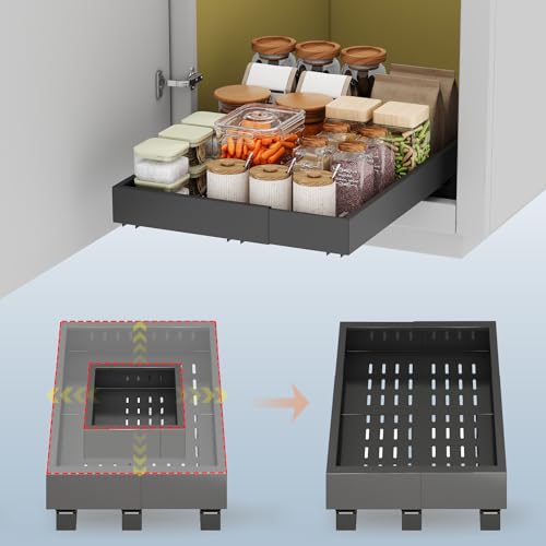 Pull out Cabinet Organizer,Expandable Width(11"-16"),Depth(17"-24") with 3 Rails,Roll out Drawers,No