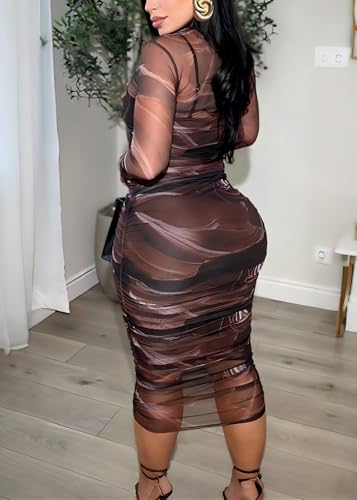 Image of MOEENCN Sexy Long Sleeve Midi Dress for Women Sheer Mesh Printed 2 Piece Skirt Set Crew Neck See Through Bodycon Party
