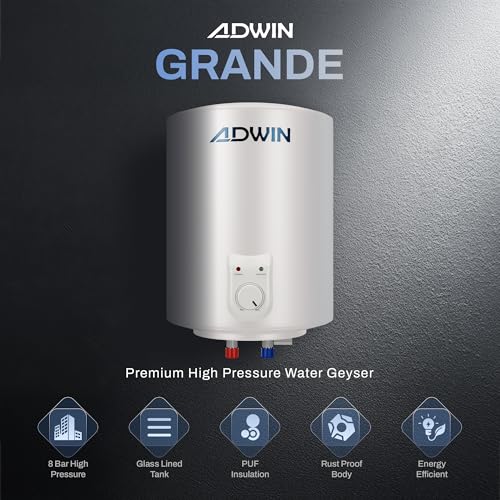 Image of ADWIN GRANDE 15L Storage Water Heater (Geyser) | Glass Lined Tank | 8 Bar High Pressure | Copper Heating Element | PUF Insulation | Hard Water Resistant | 2 Year Product & 7 Year Tank Warranty