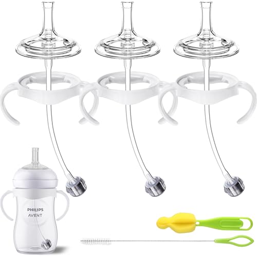 Image of Plastic-Free Straw Cup Conversion Kit for Philips Avent Natural Baby Bottle, Sippy Cup Transition Kit with All Silicone Straw Top Nipples, Metal Weighted Straw, Handles & Brush for Toddler 6+ Month