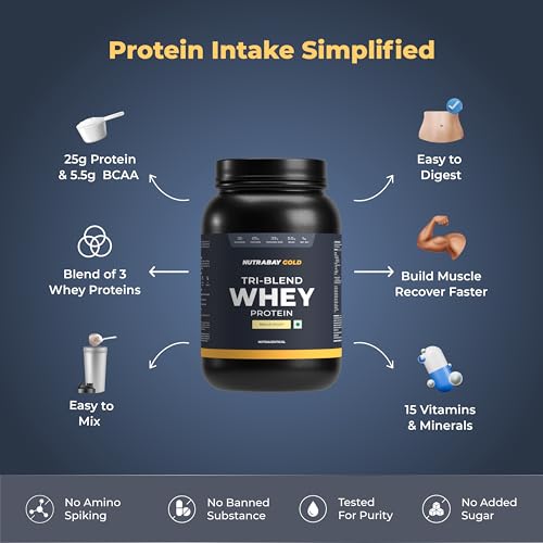 Image of Nutrabay Gold Tri Blend Whey Protein Powder - 1kg, Malai Kulfi | 25g Protein, 5.5g BCAA | Concentrate, Isolate, Hydrolyzed Protein | Muscle Growth & Recovery | Gym Supplement for Men & Women