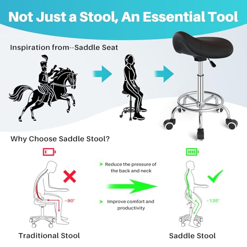 Image of YEEZEE Saddle Stool Ergonomic- Comfortable Rolling Saddle Stool with Wide Thick Saddle Seat Padding, Swivel Adjustable Saddle Chair with Wheels and Ring Pedal for Medical Massage Salon (Dark Black)