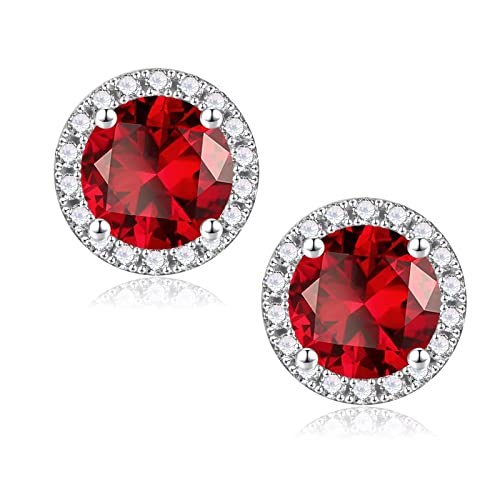 January Birthstone Stud Earrings For Women, Genuine Garnet Stud Earrings 18K White Gold Plated S925 Sterling Silver Halo Round Red Birthstone Earrings January Birthstone Stud Earrings For Women Wife Gifts #TOP19
