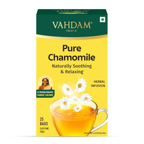 Image of VAHDAM Pure Chamomile | 100% Chamomile Flowers | Naturally Soothing & Relaxing | Bedtime Herbal Infusion | Caffeine Free | Non-Bitter | 25 Tea Bags