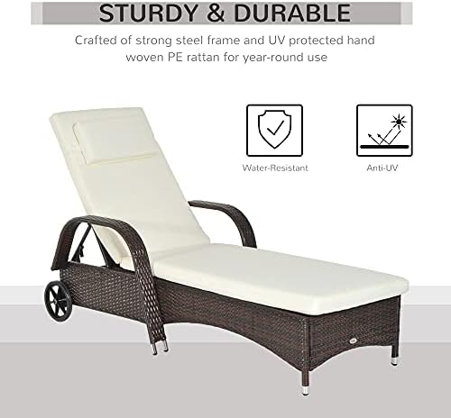 Outsunny Garden Rattan Furniture Single Sun Lounger Recliner Bed Reclining Chair Patio Outdoor Wicker Weave Adjustable Headrest with Fire Retardant Cushion - Brown