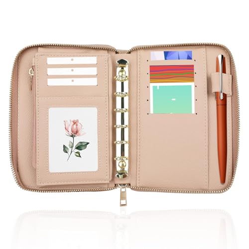 Ktxaby A7 Leather Budget Binder,Cash Envelopes System Budgeting Wallet,Money Organizer for Cash 6 Rings Wallet Budget Planner with Zipper(Skin Color)