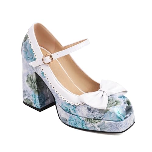 Aflngle Women's Bow Floral Print Mary Janes Shoes Square Toe Low Closed Platform Chunky Block Heel Ankle Strap Buckle Wedding Party Prom Dress Pumps