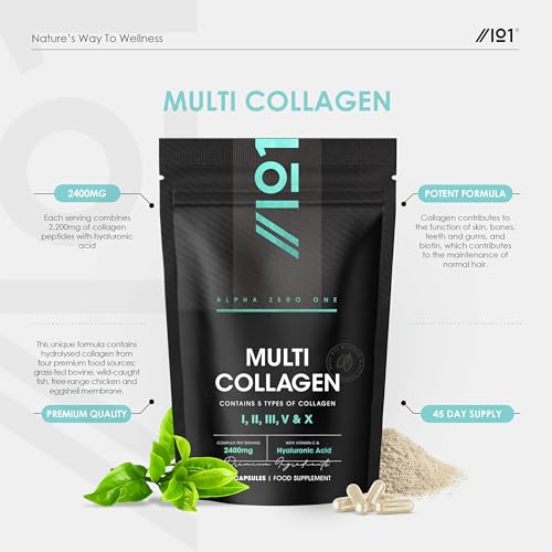 Multi Collagen 2400mg – Types I, II, III, V & X – 180 Capsules – Wild Caught Marine, Grass Fed Bovine, Eggshell & Free-Range Chicken Collagen Powder, with Hyaluronic Acid & Vitamin C – by Alpha01