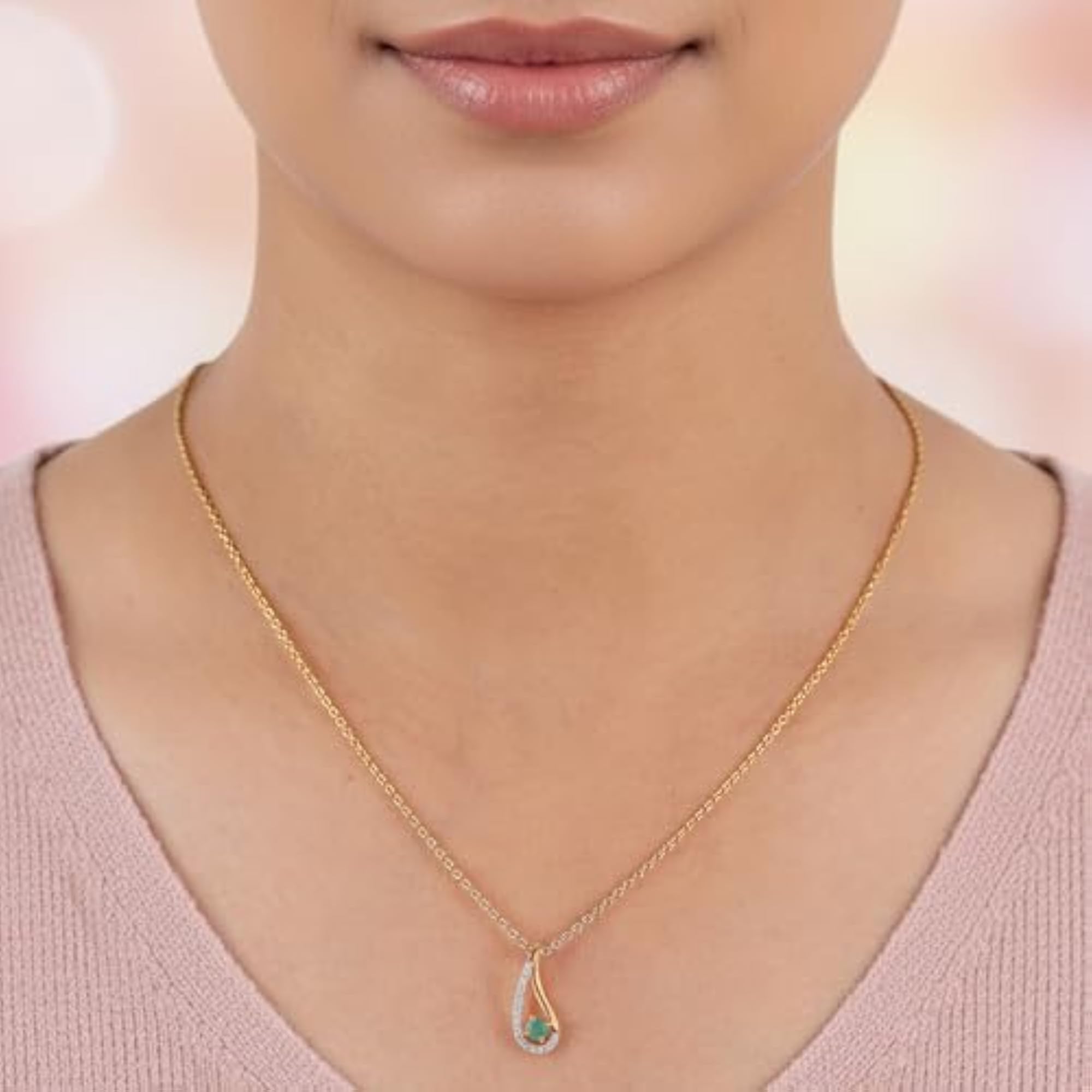 Women's 18K Gold Plated Natural Sakota Emerald Drop Pendant with Chain