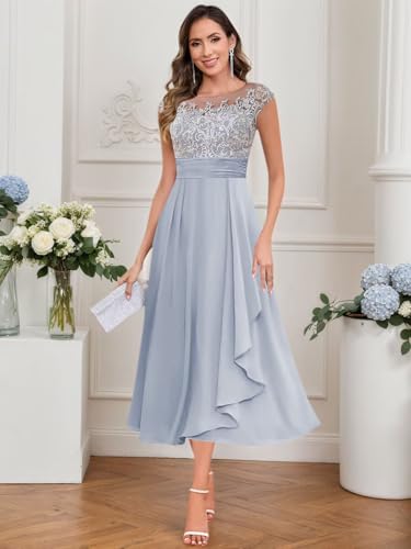 Tea Length Mother of The Bride Dresses for Women Lace Applique Chiffon Formal Evening Dress with Sleeves4