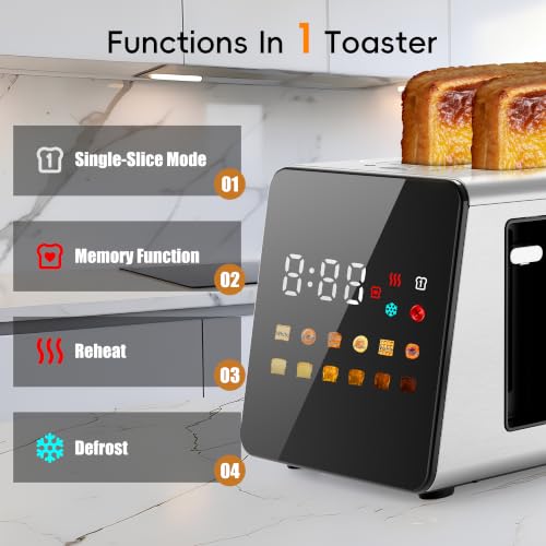 Image of WUNLY 2 Slice Toaster with Full Smart Touch Control,Memory Function,Single-Slot Tech,6 Shade Levels & 6 Bread Settings,Extra Wide Slot for Bagels,Digital Timer,Reheat & Defrost,Platinum