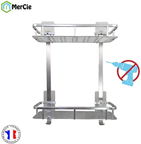 Ducha Estante Carrito 2 Niveles en Aluminio (Prueba DE ÓXIDO) sin perforación (Adhesivos súper Fuertes). Cuarto de baño Montaje Esquina Cesta de Rack. Forma Rectangular. Acabado de Aluminio Brillante