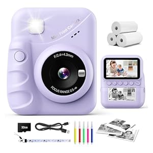CalineGam Kids Camera Instant Print, 3.0'' Screen 48MP Photo Camera for Kids with 32GB Card & Print Paper, 1080P HD Video Recording, Gift for Boys Girls 3-12 Year Old (Purple)