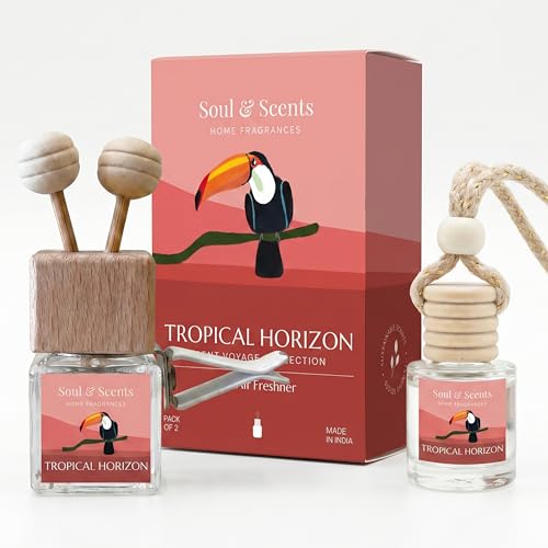 Image of Soul & Scents 16ml Luxury Car Perfumes Raspberry | Tropical Horizon | 2-in-1 Hanging Pod & AC Vent Air Freshener | Premium Wooden Car Fragrance Accessory | Long Lasting Odour Eliminator | Pack of 2