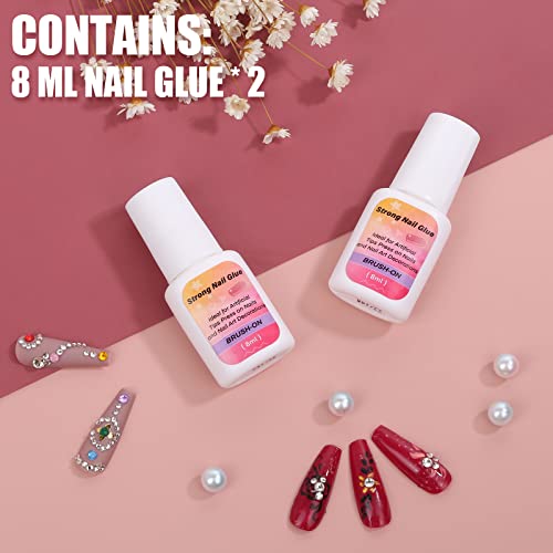 Strong Nail Glue For Press On Nails,2 X 8Ml Super Adhesive Brush-On Nail Glue For Acrylic Nails Tips, Broken Nail Repair, Nail Art Charms Decoration, Professional Long-Lasting Nail Bond Glue Gel #TOP1