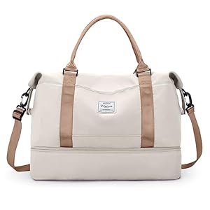 Travel Duffel Bag with Shoes Compartment, Shoulder Weekender Overnight Bag for Women,Travel Tote Bag Sports Gym Bag with Wet Pocket,Beige & Brown