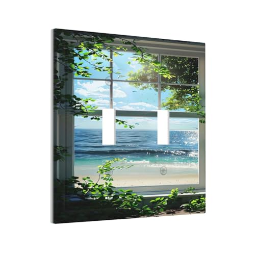 Decorative Switch Covers Plate Window Beach Seascape View Green Leaves 2 Gang Wall Plate Oversized Double Toggle Light Switch Plate Wall Cover Plate Faceplate for Bedroom Home Decor