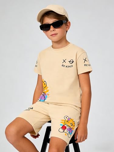 Image of Cakaner Tween Boys Summer Clothes 2 Piece Short Sleeve Graphic T-Shirt and Shorts Casual Outfit Set Size 7-14