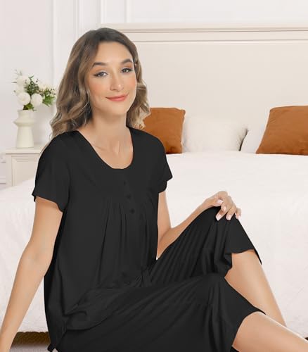 Image of NACHILA Bamboo Viscose Pajamas for Women Pleated Ruffle Tank Top Pjs Set
