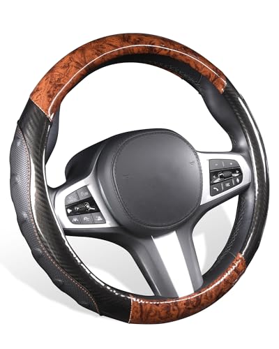 TOYOUN Klassiker-Lenkradbezug Kunstleder Holzdekormuster, Universal Lenkradhülle 37-38 cm für Sommer & Winter, Autozubehör Innenraum Geschenke für Frauen und Männer