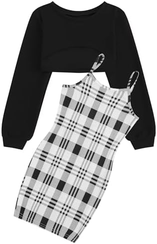 JiAmy Girls 2-Piece Set Outfits Sleeveless Bodycon Cami Dress with Long Sleeve Crop Top Party Wear Clothings for Teen Girls