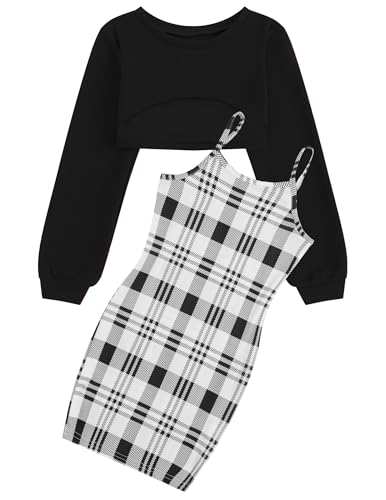 JiAmy Girls 2-Piece Set Outfits Sleeveless Bodycon Cami Dress with Long Sleeve Crop Top Party Wear Clothings for Teen Girls