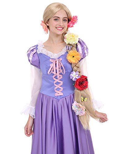 Angelaicos Womens 47 Inch Long Braids Blonde Costume Rapunzel Wig With 10Pcs Flowers #TOP3