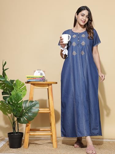 Image of 9shines Label Stylish Denim Cotton Nighty Maxi for Women | Full Length Trendy Nightgown | Premium Nightdress | Nightwear | Embroidery Nighty with Pocket (9SDS)