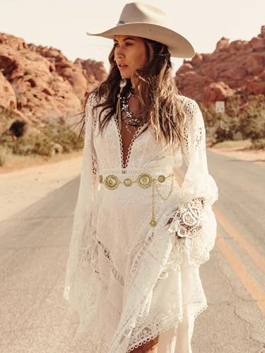 Image of FIORETTO Western Waist Chain Belt Metal Concho Belt for Women Cowgirl Cowboy Boho Country Belt for Dress Jean