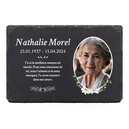 LAUBLUST Plaque funéraire personnalisée avec nom & photo comme ornement de tombe | Plaque en ardoise gravée & plaque сommémorative – 3 tailles | Belle pierre tombale avec texte (Motif Fleurs)