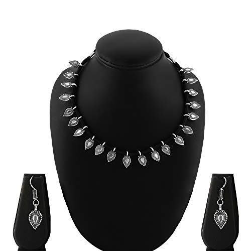 Image of Yellow Chimes Women and Girls Traditional Silver Oxidised Choker Jewellery Set - Black